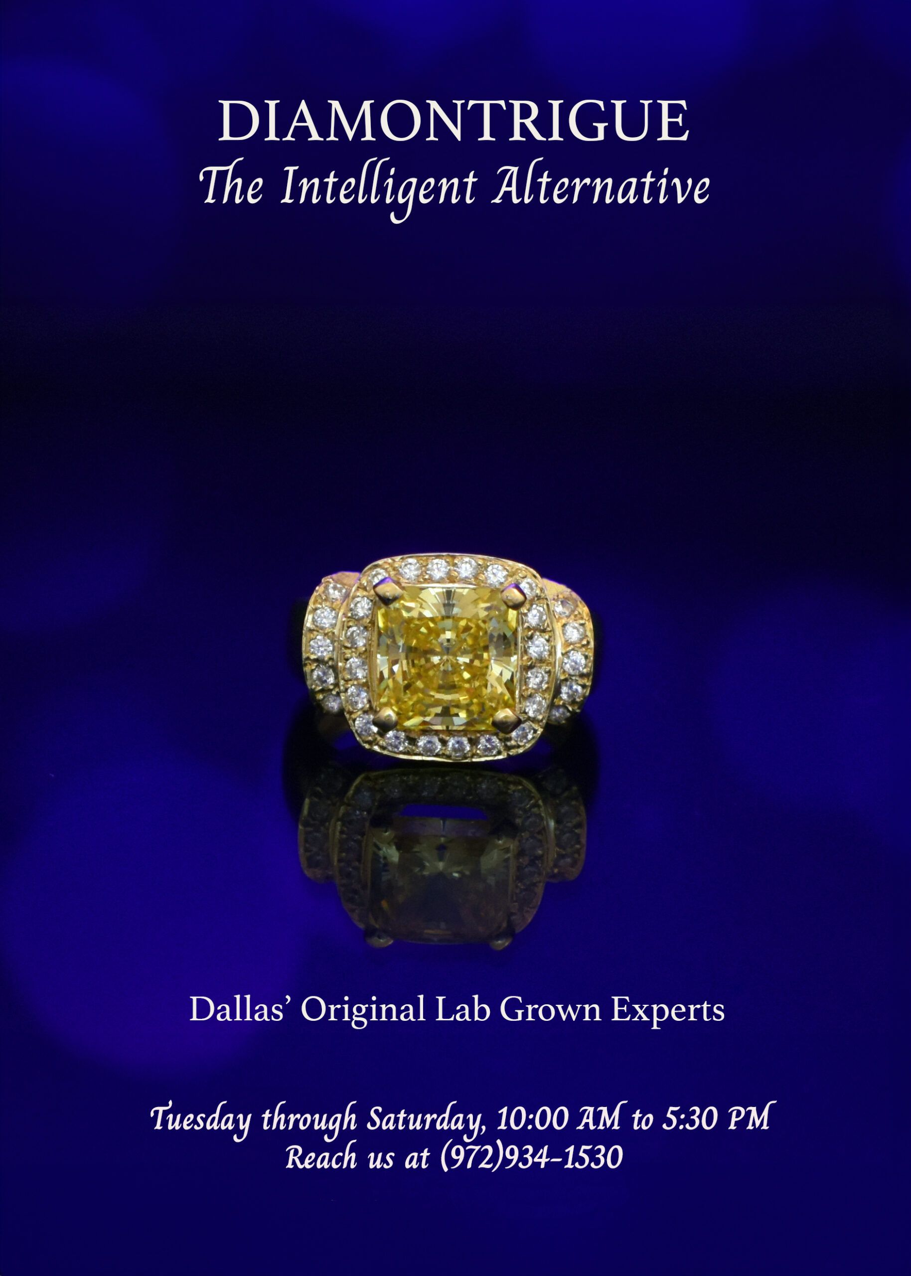 Diamontrigue, The Intelligent Alternative: a yellow lab-grown diamond ring in a diamond halo, gold setting. Dallas' Original Lab Grown Experts. Open Tuesday through Saturday, 10:00 AM to 5:30 PM. Phone (972) 934-1530.